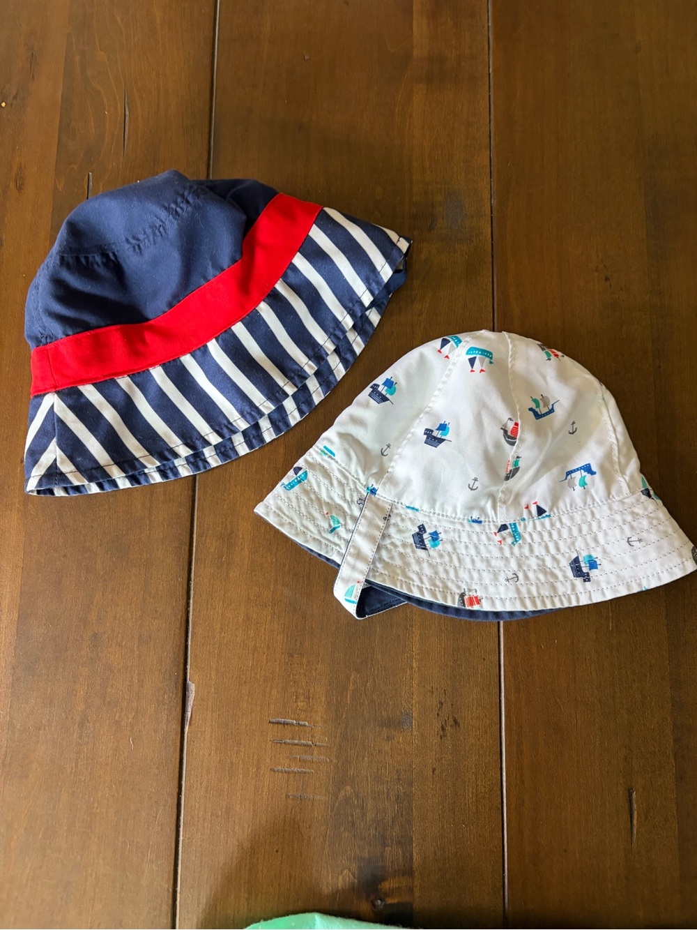 (2) Baby boy 3-6mo Bucket Hats, one is reversible, sailor anchor and boats